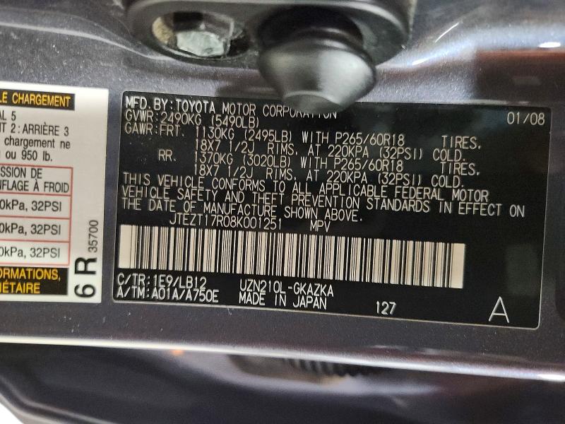 54103316 :رقم المزاد ، JTEZT17R08K001251 vin ، 2008 Toyota 4runner مزاد بيع