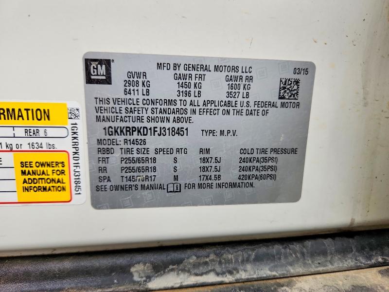 52625036 :رقم المزاد ، 1GKKRPKD1FJ318451 vin ، 2015 Gmc Acadia مزاد بيع