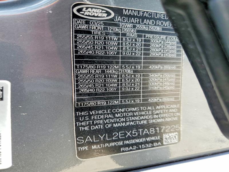 54060406 :رقم المزاد ، SALYL2EX5TA817225 vin ، 2026 Land Rover Range Rover Velar مزاد بيع