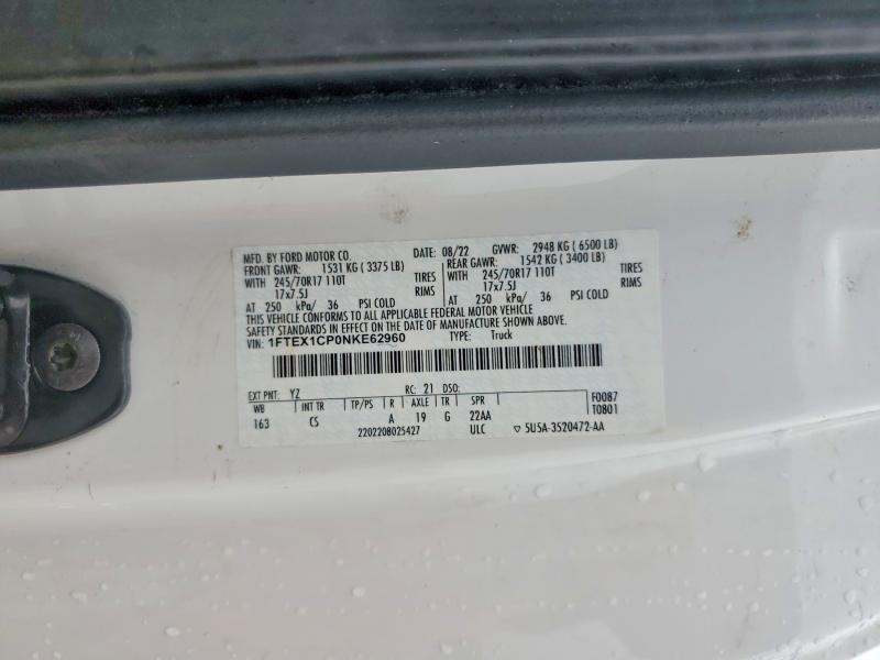 53037136 :رقم المزاد ، 1FTEX1CP0NKE62960 vin ، 2022 Ford F150 مزاد بيع