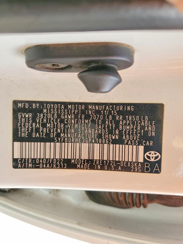 Aukcja sprzedaży 2016 Toyt Corolla, vin: 5YFBURHE3GP418862, numer aukcji: 52238776