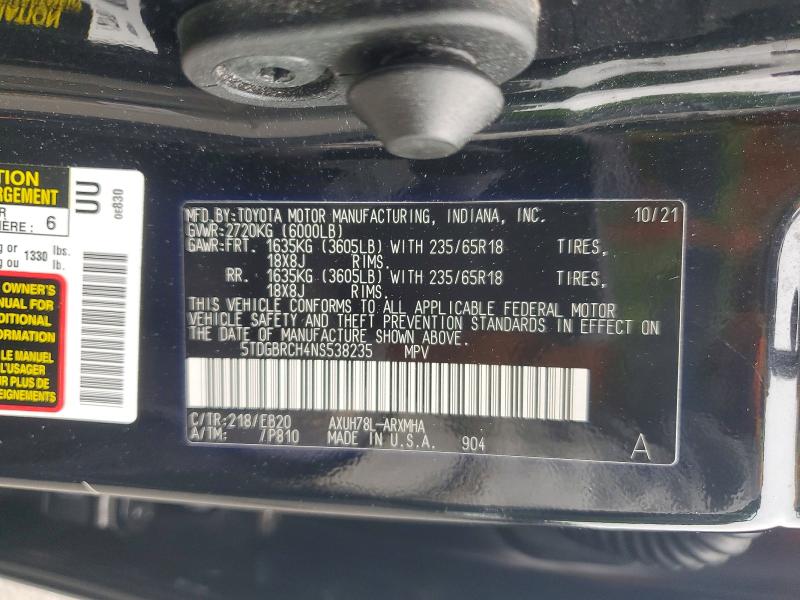 2022 Toyota Highlander Hybrid მანქანა იყიდება აუქციონზე, vin: 5TDGBRCH4NS538235, აუქციონის ნომერი: 54048876