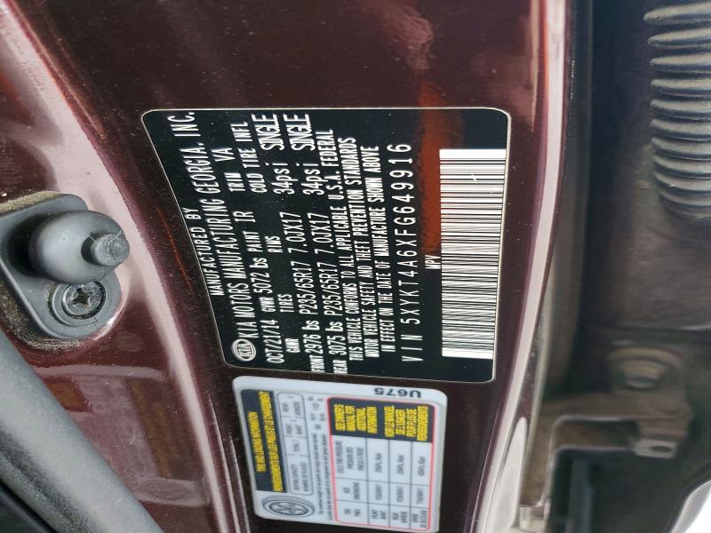 52755006 :رقم المزاد ، 5XYKT4A6XFG649916 vin ، 2015 Kia Sorento مزاد بيع