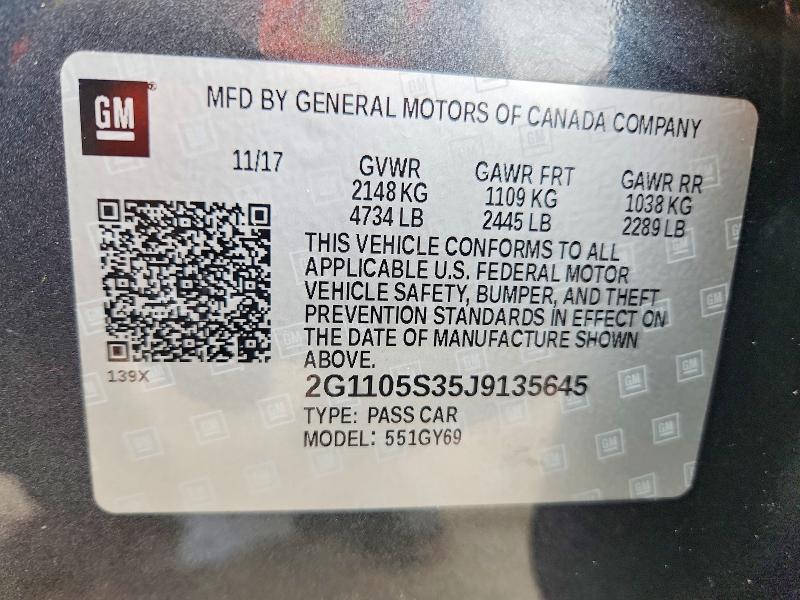Aukcja sprzedaży 2018 Chevrolet Impala, vin: 2G1105S35J9135645, numer aukcji: 54252516