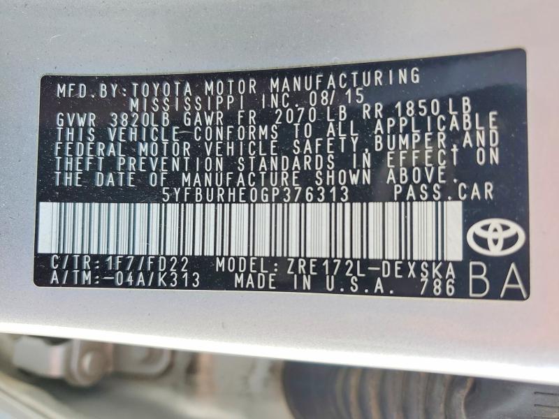 52260686 :رقم المزاد ، 5YFBURHE0GP376313 vin ، 2016 Toyota Corolla مزاد بيع
