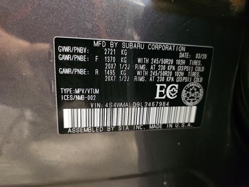 52327906 :رقم المزاد ، 4S4WMALD9L3467984 vin ، 2020 Subaru Ascent مزاد بيع