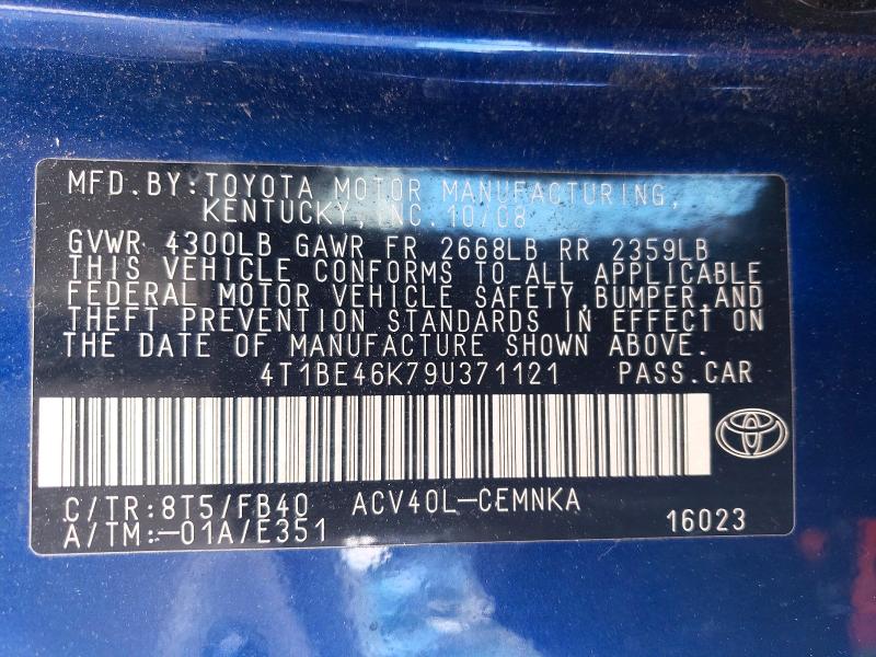 Продаж на аукціоні авто 2009 Toyota Camry, vin: 4T1BE46K79U371121, номер лоту: 51771546