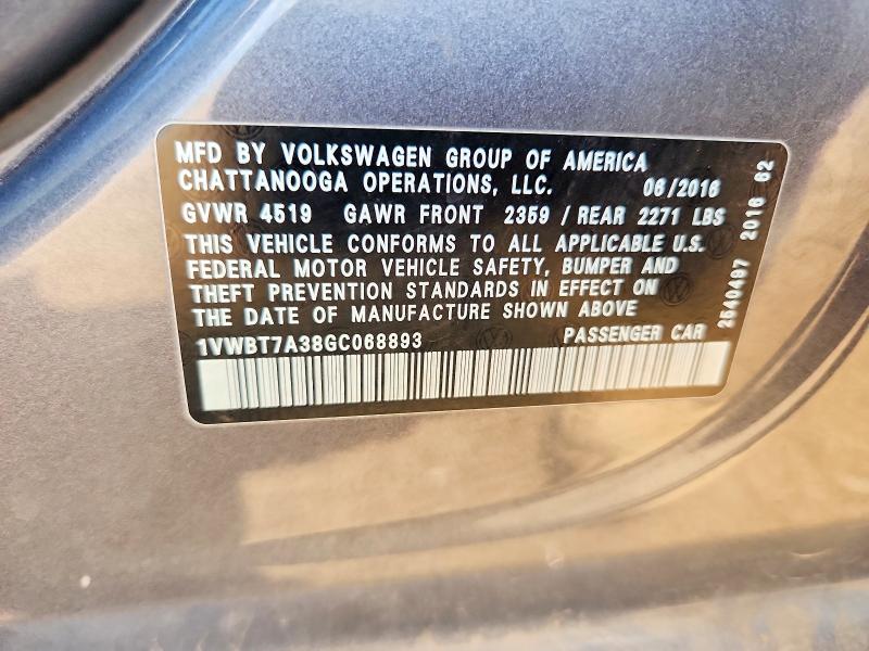 53991896 :رقم المزاد ، 1VWBT7A38GC068893 vin ، 2016 Volkswagen Passat مزاد بيع