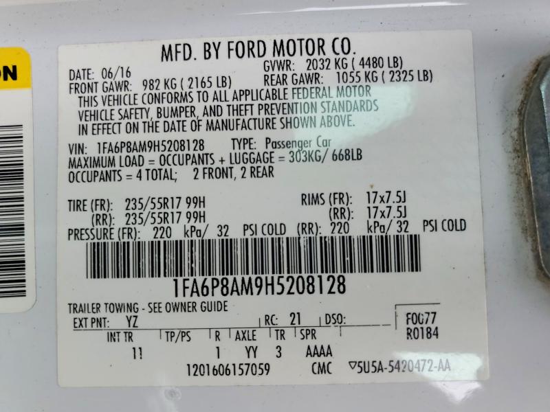2017 Ford Mustang მანქანა იყიდება აუქციონზე, vin: 1FA6P8AM9H5208128, აუქციონის ნომერი: 51953556