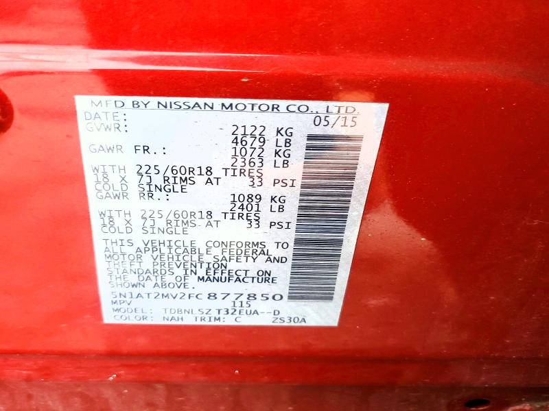 54600376 :رقم المزاد ، 5N1AT2MV2FC877850 vin ، 2015 Nissan Rogue مزاد بيع