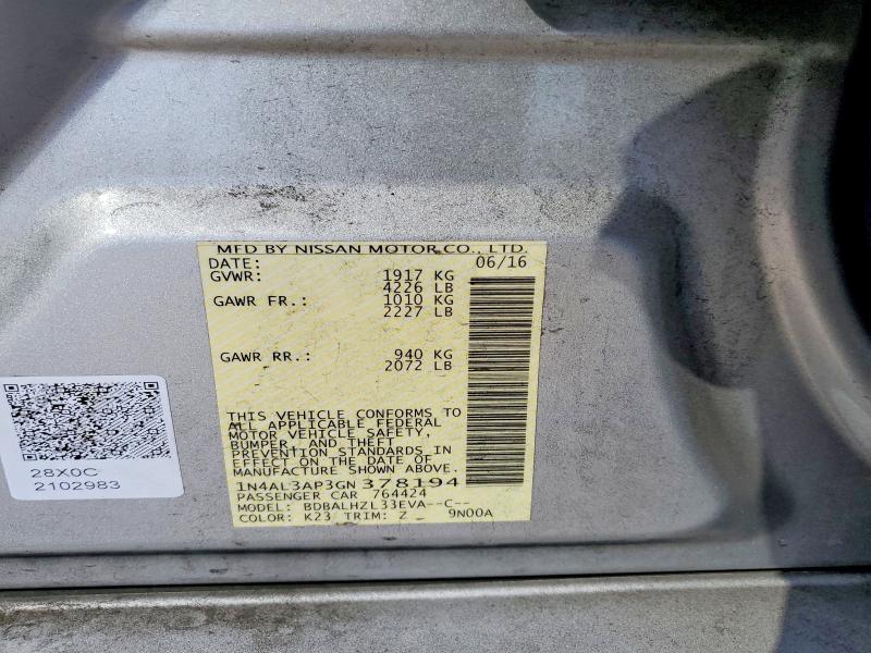2016 Nissan Altima მანქანა იყიდება აუქციონზე, vin: 1N4AL3AP3GN378194, აუქციონის ნომერი: 54188646