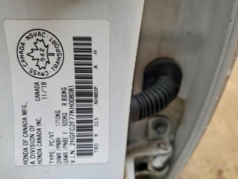 Aukcja sprzedaży 2019 Honda Civic, vin: 2HGFC2F77KH008081, numer aukcji: 53435776