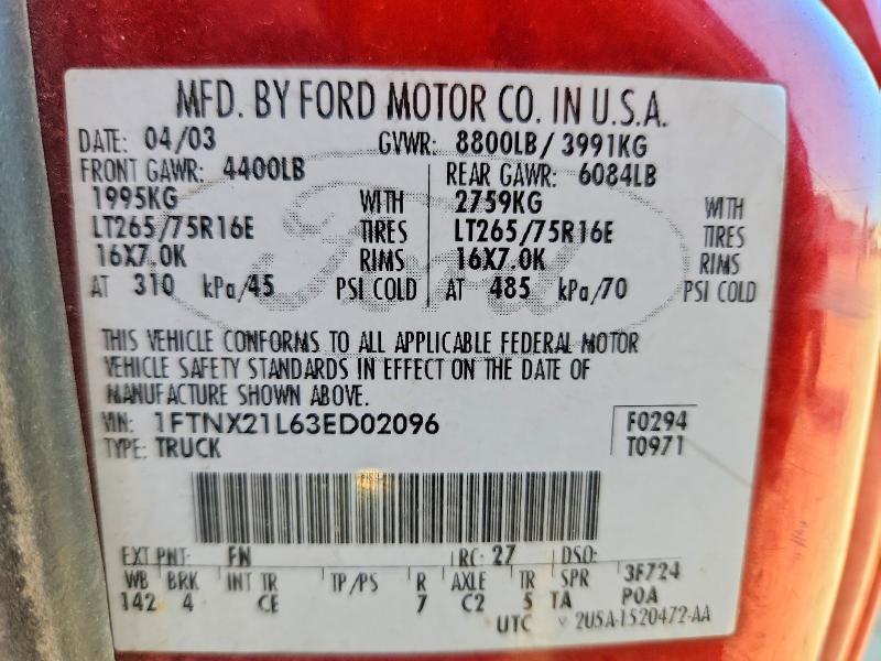 Продаж на аукціоні авто 2003 Ford F250, vin: 1FTNX21L63ED02096, номер лоту: 53798216