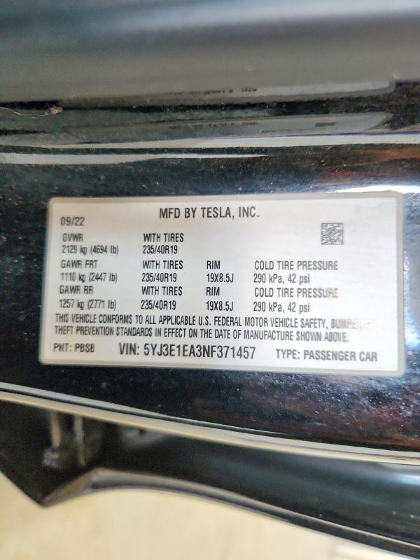 Продажа на аукционе авто 2022 Tesla Model 3, vin: 5YJ3E1EA3NF371457, номер лота: 54311026