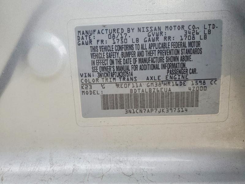 54142306 :رقم المزاد ، 3N1CN7AP7JK397514 vin ، 2018 Nissan Versa مزاد بيع