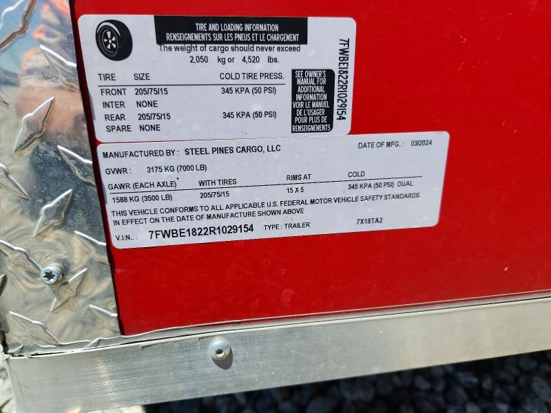 2024 Steel Pine Trailer მანქანა იყიდება აუქციონზე, vin: 7FWBE1822R1029154, აუქციონის ნომერი: 53929406