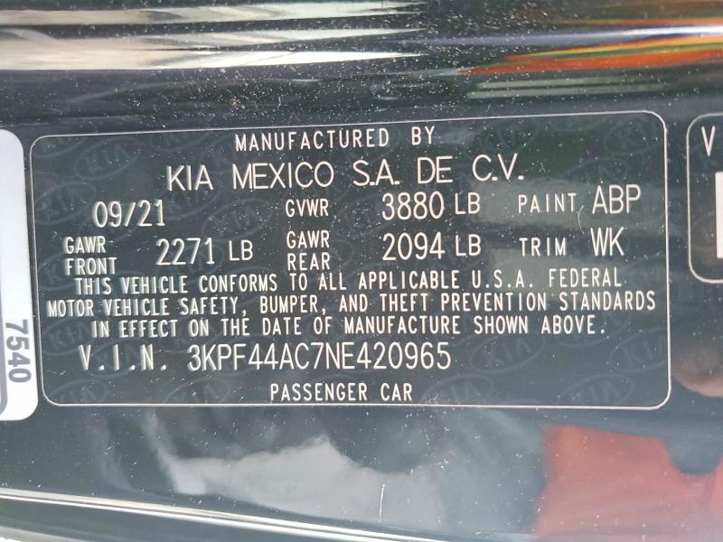 54951926 :رقم المزاد ، 3KPF44AC7NE420965 vin ، 2022 Kia Forte مزاد بيع