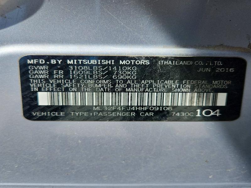 2017 Mitsubishi Mirage მანქანა იყიდება აუქციონზე, vin: ML32F4FJ4HHF09106, აუქციონის ნომერი: 52309236