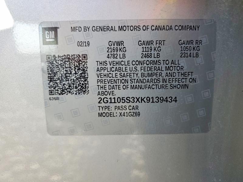 Aukcja sprzedaży 2019 Chevrolet Impala, vin: 2G1105S3XK9139434, numer aukcji: 52362136