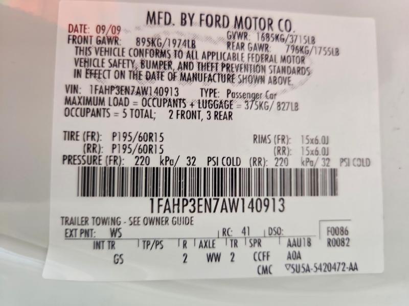 2010 Ford Focus მანქანა იყიდება აუქციონზე, vin: 1FAHP3EN7AW140913, აუქციონის ნომერი: 52156106