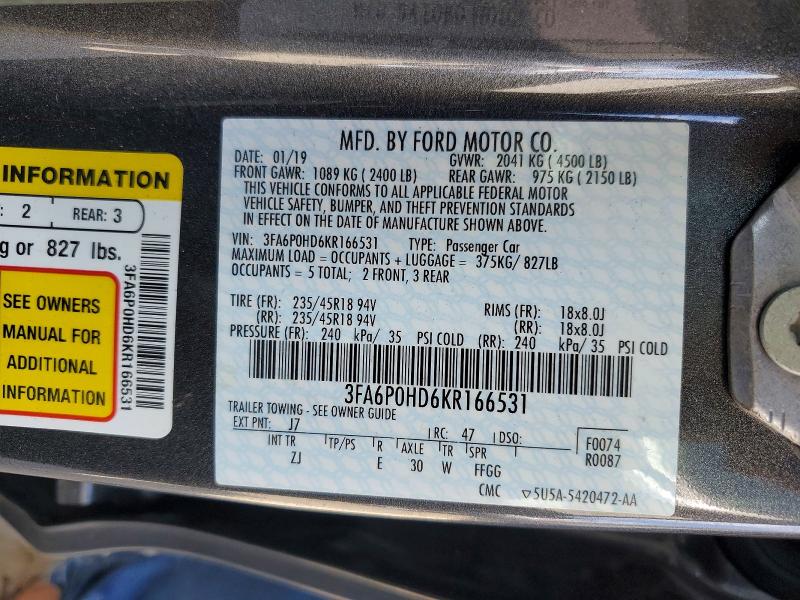 Продажа на аукционе авто 2019 Ford Fusion, vin: 3FA6P0HD6KR166531, номер лота: 52199996