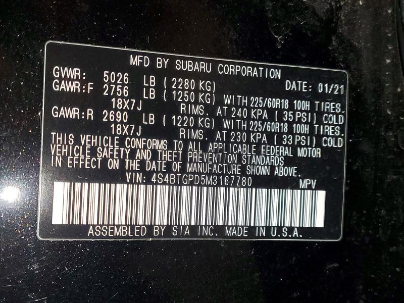 Aukcja sprzedaży 2021 Subaru Outback, vin: 4S4BTGPD5M3167780, numer aukcji: 53236826