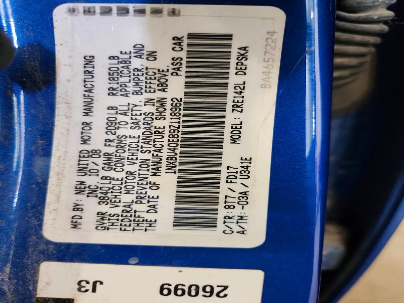 54714896 :رقم المزاد ، 1NXBU40E89Z118962 vin ، 2009 Toyota Corolla مزاد بيع