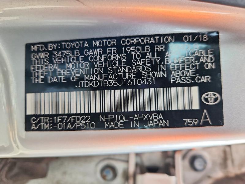 2018 Toyota Prius C მანქანა იყიდება აუქციონზე, vin: JTDKDTB35J1610431, აუქციონის ნომერი: 54637626