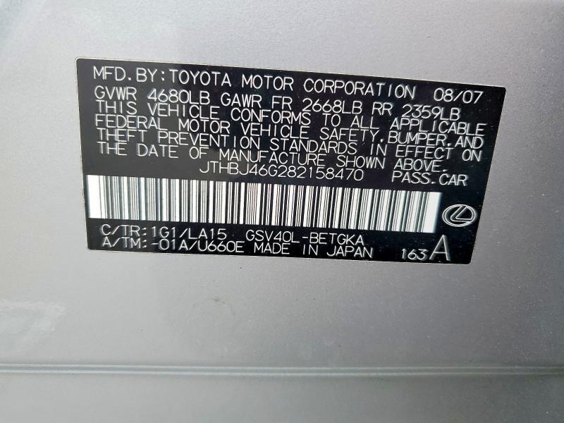 Aukcja sprzedaży 2008 Lexus Es, vin: JTHBJ46G282158470, numer aukcji: 52747396
