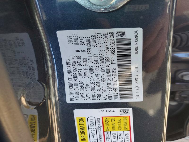 Продаж на аукціоні авто 2026 Honda Civic, vin: 2HGFE2F50TH505533, номер лоту: 53018896