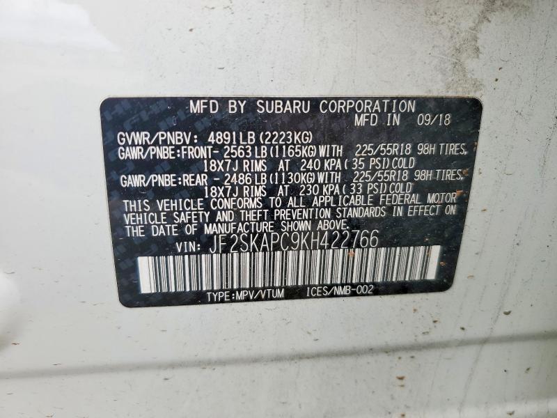 2019 Subaru Forester მანქანა იყიდება აუქციონზე, vin: JF2SKAPC9KH422766, აუქციონის ნომერი: 52703276