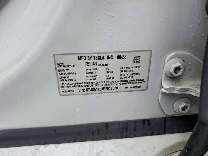 2023 Tesla Model S მანქანა იყიდება აუქციონზე, vin: 5YJSA1E54PF518074, აუქციონის ნომერი: 53586006