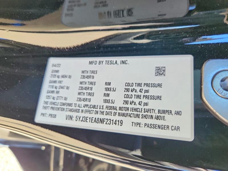Продажа на аукционе авто 2022 Tesla Model 3, vin: 5YJ3E1EA8NF231419, номер лота: 54177866