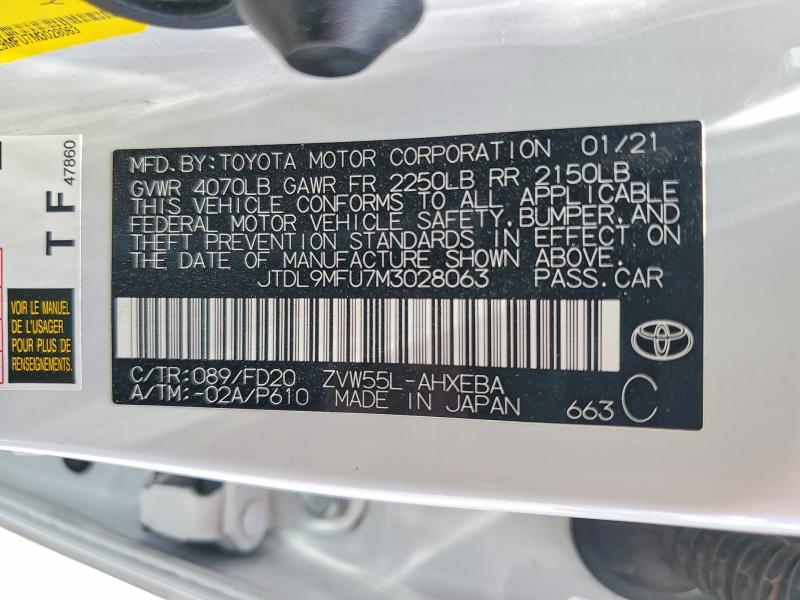 2021 Toyota Prius მანქანა იყიდება აუქციონზე, vin: JTDL9MFU7M3028063, აუქციონის ნომერი: 54010826