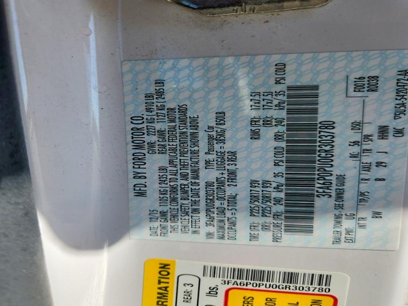 54095706 :رقم المزاد ، 3FA6P0PU0GR303780 vin ، 2016 Ford Fusion مزاد بيع