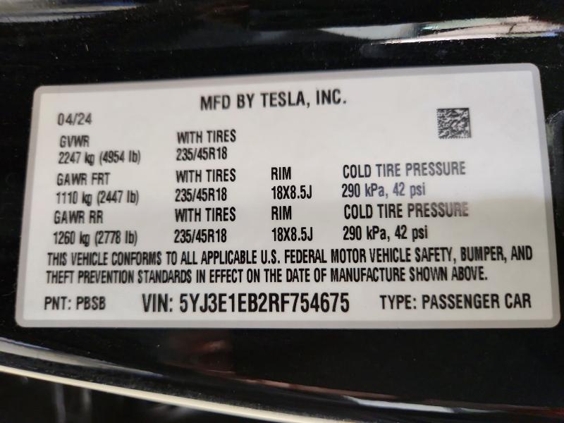 Aukcja sprzedaży 2024 Tesla Model 3, vin: 5YJ3E1EB2RF754675, numer aukcji: 52068686