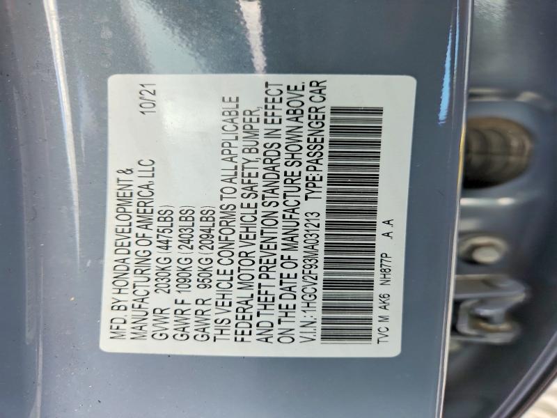 54680806 :رقم المزاد ، 1HGCV2F93MA031213 vin ، 2021 Honda Accord مزاد بيع