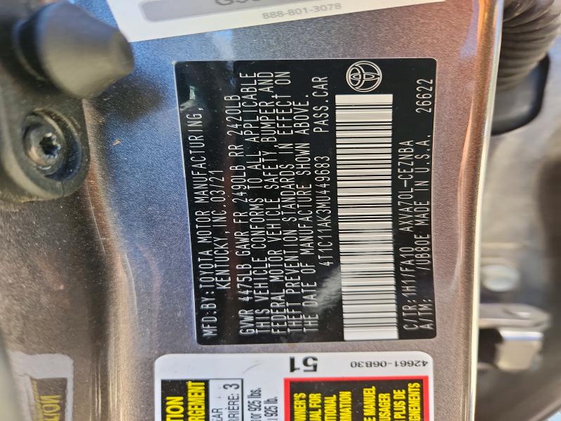 Aukcja sprzedaży 2021 Toyota Camry, vin: 4T1C11AK3MU449683, numer aukcji: 52139706