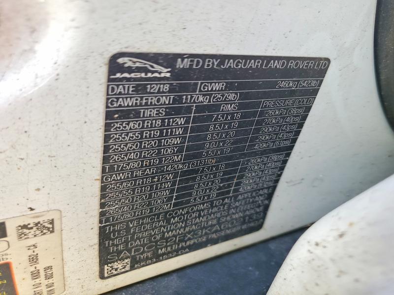 2019 Jaguar F-pace მანქანა იყიდება აუქციონზე, vin: SADCS2FX3KA602139, აუქციონის ნომერი: 52039626