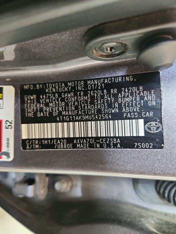 Продаж на аукціоні авто 2021 Toyota Camry, vin: 4T1G11AK9MU542564, номер лоту: 52480676