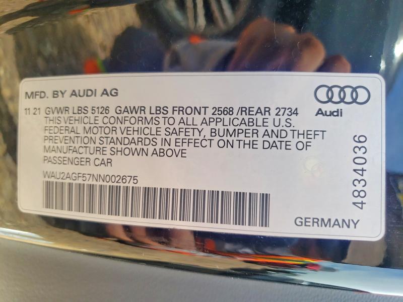 Aukcja sprzedaży 2022 Audi A5, vin: WAU2AGF57NN002675, numer aukcji: 53880046