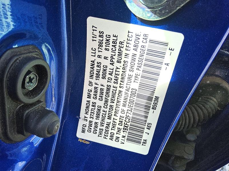 53135766 :رقم المزاد ، 19XFC2F73JE007003 vin ، 2018 Honda Civic مزاد بيع