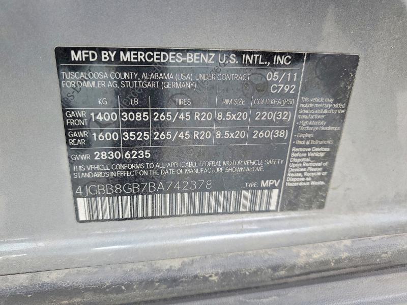 Продажа на аукционе авто 2011 Mercedes-benz Ml, vin: 4JGBB8GB7BA742378, номер лота: 54898776