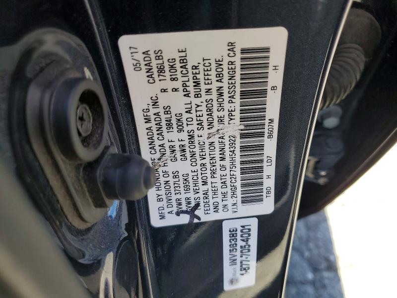 2017 Honda Civic მანქანა იყიდება აუქციონზე, vin: 2HGFC2F75HH543922, აუქციონის ნომერი: 54171046