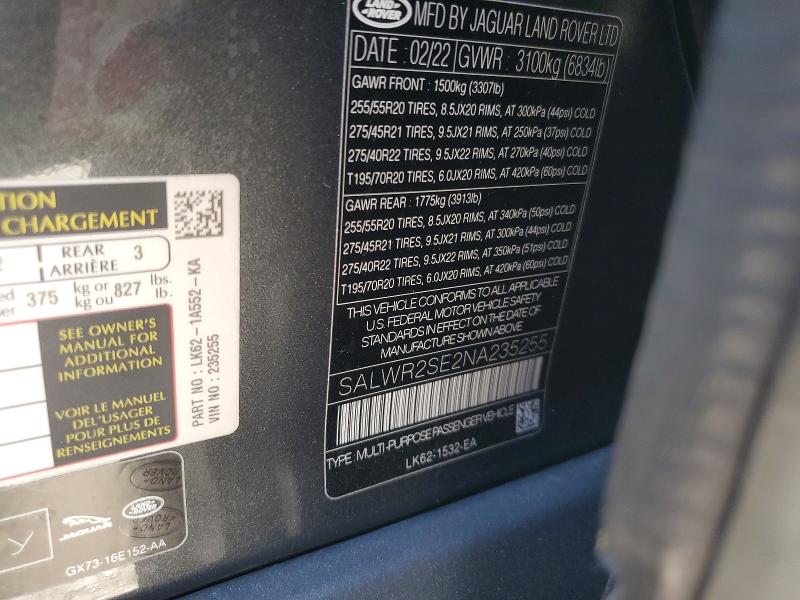 53658066 :رقم المزاد ، SALWR2SE2NA235255 vin ، 2022 Land Rover Range Rover Sport مزاد بيع