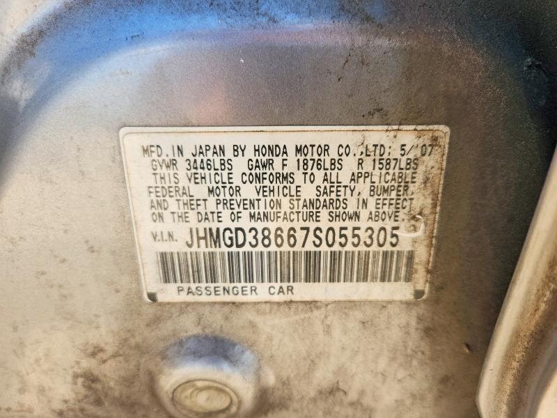 53188596 :رقم المزاد ، JHMGD38667S055305 vin ، 2007 Honda Fit مزاد بيع