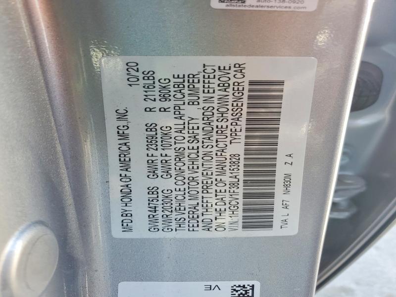 Aukcja sprzedaży 2020 Honda Accord, vin: 1HGCV1F38LA153828, numer aukcji: 41601696