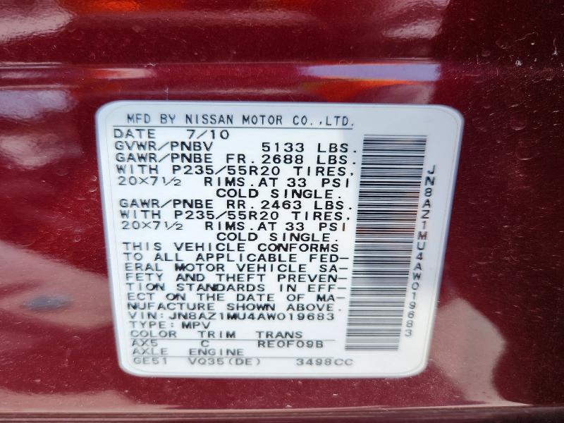 Aukcja sprzedaży 2010 Nissan Murano, vin: JN8AZ1MU4AW019683, numer aukcji: 54547586