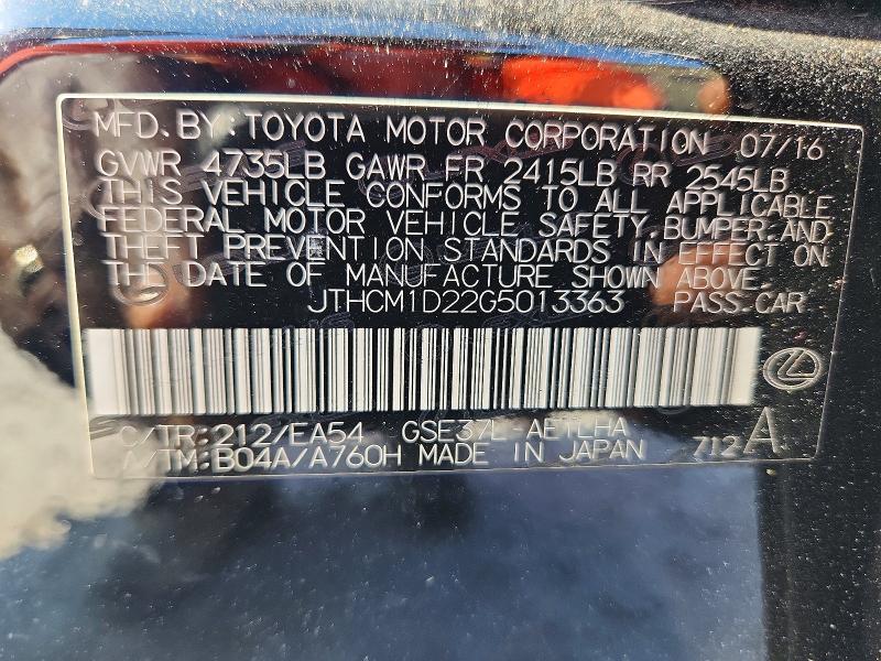 52239806 :رقم المزاد ، JTHCM1D22G5013363 vin ، 2016 Lexus Is مزاد بيع