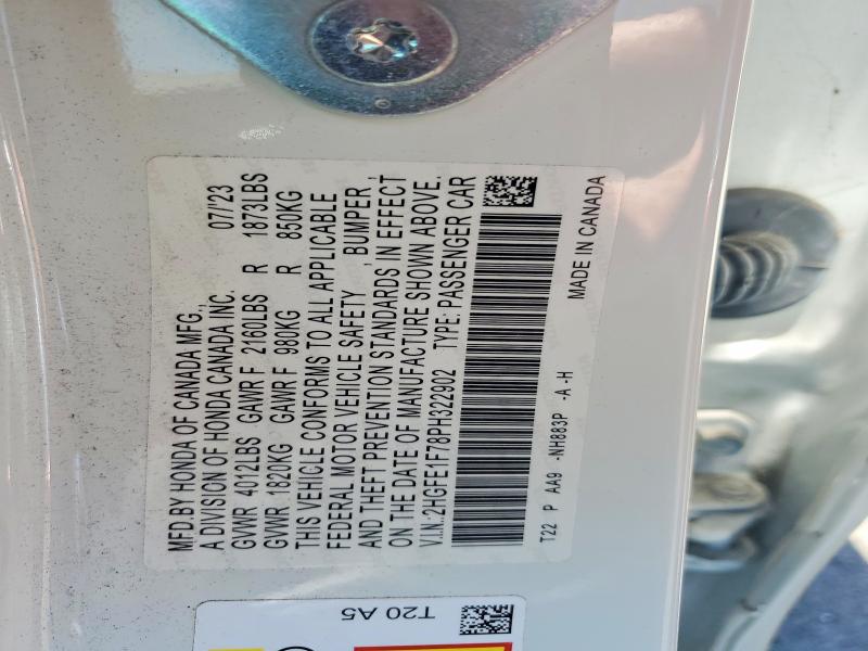 52969916 :رقم المزاد ، 2HGFE1F78PH322902 vin ، 2023 Honda Civic مزاد بيع